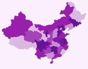 Map of China with regions. Just a simple country border map with region division. Purple color palette. Flat People's Republic of China shape with administrative division. Vector illustration.