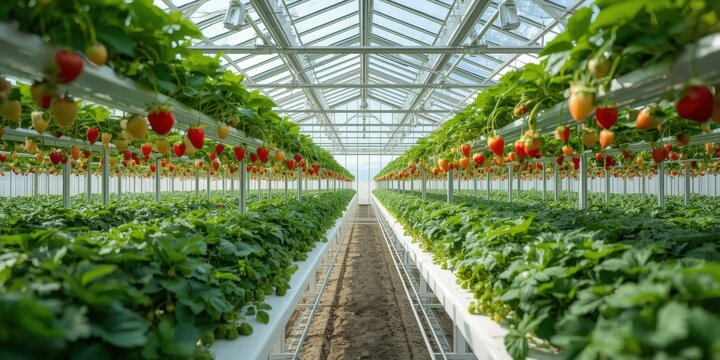 Modern Greenhouse Cultivation of Ripe Strawberries