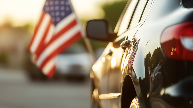 Celebrating patriotism with a waving flag on a car during a radiant sunset, capturing the essence of national pride and community spirit.