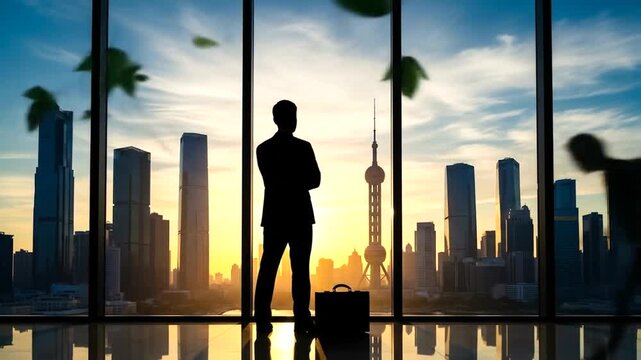 Businessman gazes out office window at city skyline during sunrise.