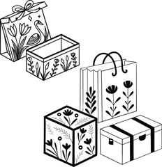 Beautifully wrapped stack of gift boxes with ribbons and bows in elegant black and white line art