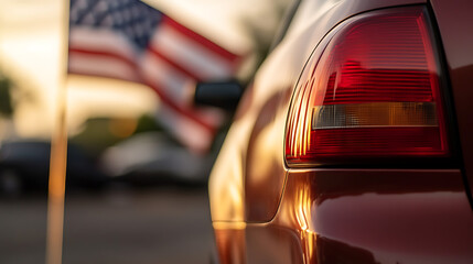 Car with Flag: A striking image featuring the rear of a red car, illuminated by the warm light of the setting sun, with a blurred American flag waving patriotically in the background.