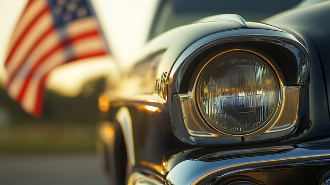 Fototapeta Classic car headlight shines bright against a backdrop of the American flag, symbolizing freedom and the open road. A nostalgic Americana scene.