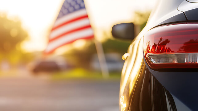 Car tail light glows with patriotic backdrop: American flag waving in warm sunlight, evoking themes of travel, freedom, and national pride. - Powered by Adobe