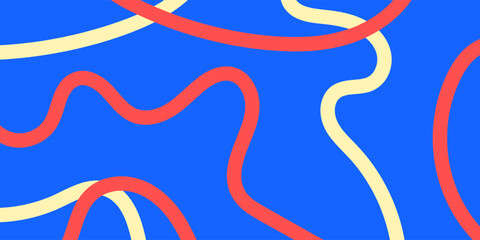 Wavy Lines Background: Bold abstract design with red and cream curved lines on a bright blue background. Modern, minimal, and energetic design ideal for digital art and creative graphic projects.