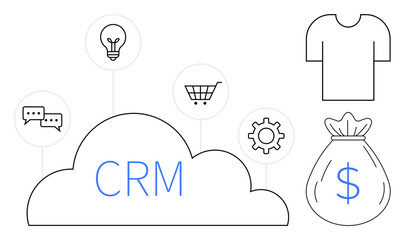 CRM cloud links icons for speech bubbles, lightbulb, shopping cart, cogwheel, dollar bag, and shirt. Ideal for business, marketing, e-commerce technology sales strategy simple flat metaphor