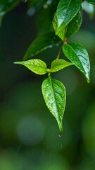 Close-up of vibrant green leaves glistening with raindrops