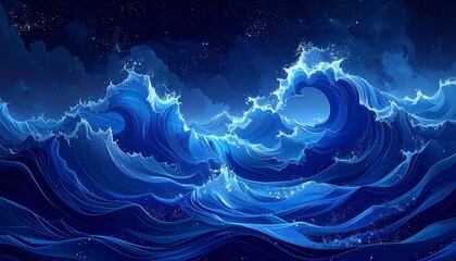 Abstract digital artwork of ocean waves and starry night sky, in blue tones