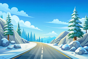 Obraz premium Winter road through snowy pine forest under clear blue sky, calm and cold beauty illustration.
