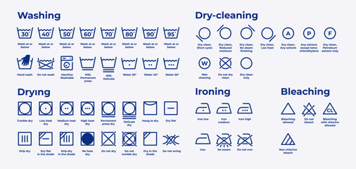 Editable vector set of laundry icons. Clean and simple symbols for washing, drying, ironing, bleaching and clothing care. Perfect for labels, packaging, instructions and household design.