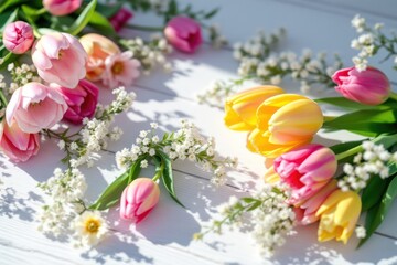 Obraz premium Colorful tulips and small white flowers on white wooden surface. Floral display