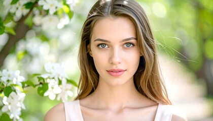Young woman with flawless skin, light eyes, and long hair in a blooming tree