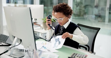 Office, child and boy with paperwork, phone call or financial analysis with technology and role play. Business analyst, kid and fake chat with client, project and pretend with telephone or documents - Powered by Adobe