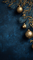 A glamorous christmas background with a dark blue background and golden decorations for the holidays, with space for text. Festive dark background for Christmas, vertical banner, copy space