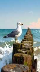 Seagull perched on wooden groynes, ocean waves crashing