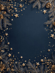 A glamorous christmas background with a dark blue background and golden decorations for the holidays, with space for text. Festive dark background for Christmas, vertical banner, copy space