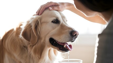 Golden retriever enjoying gentle touch while drinking water indoors happiness comfort and bonding