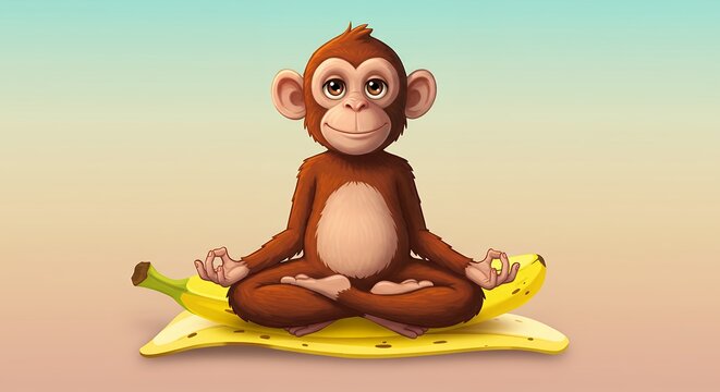Animated monkey meditating on banana cushion with serene expression