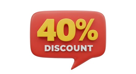 A vibrant red speech bubble isolated on white background, boldly displaying a 40 discount in yellow and white, perfect for advertising