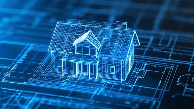 House blueprint wireframe hologram on architectural plans