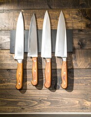 Four stainless steel knives with wooden handles, mounted on a dark wooden wall with a magnetic strip