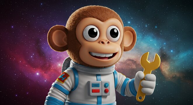 Cartoon astronaut monkey holding a wrench against a starry background