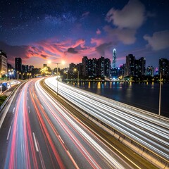 City highway at night with starlit sky and vibrant sunset colors.  Long exposure shows streaks of car lights.  Urban cityscape by a body of water