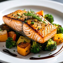 Pan-seared salmon fillet atop a bed of roasted vegetables (1)