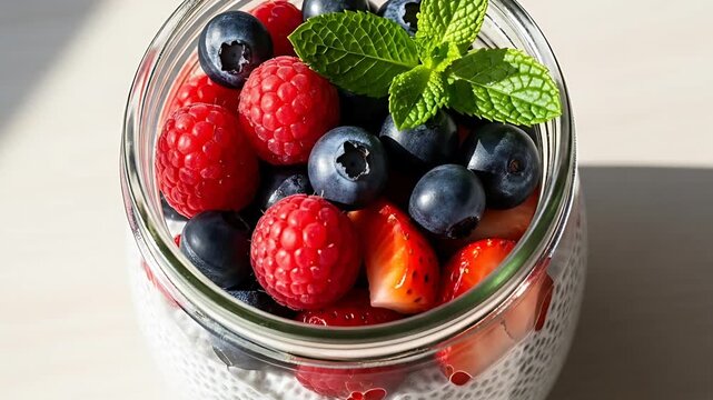 Fresh berry parfait in a glass jar
