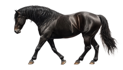 Elegant black horse isolated on transparent background, walking gracefully in studio shot