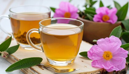 Two clear glass cups of herbal tea, beside a wooden bowl with flowers and leaves