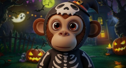 Cartoon monkey in halloween costume and decorated background