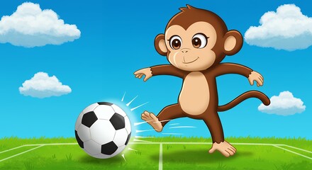 Cartoon monkey kicking soccer ball on grassy field against blue sky
