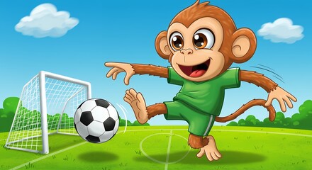 Cartoon monkey kicking soccer ball on green field with goal and blue sky illustration