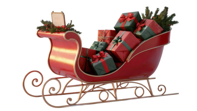 A festive red and gold sleigh overflowing with wrapped christmas presents and evergreen branches isolated on transparent background