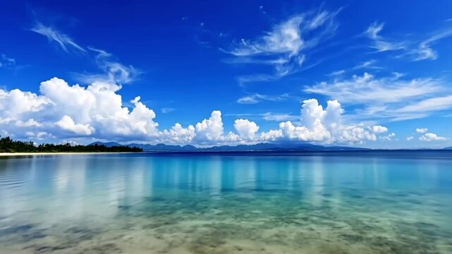 Tranquil beach scene with a vast, azure sky and calm water reflections. Ideal for travel/vacation brochures, advertisements, or relaxation themes