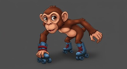 Cartoon monkey on roller skates isolated on a grey background vector illustration