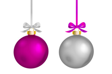 Vector realistic silver and pink christmas ball ornament with color elegant long bow on transparent background.
