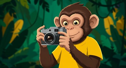 Cartoon monkey photographing with vintage camera in tropical forest background