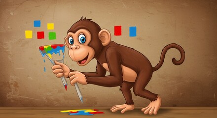 Cartoon monkey painting colorful shapes on a wall