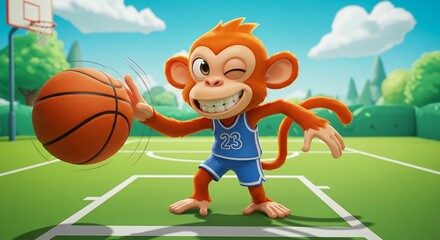 Cartoon monkey playing basketball on a court with green trees in background