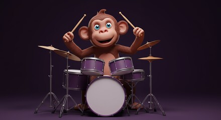 Cartoon monkey playing drums on a dark background illustration