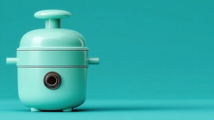 A studio photograph showcases a small, pastel teal colored rice cooker with a shiny button and handles against a solid teal background.