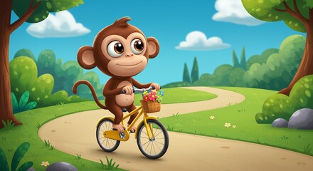 Cartoon monkey riding bicycle along winding path outdoors with trees and sky