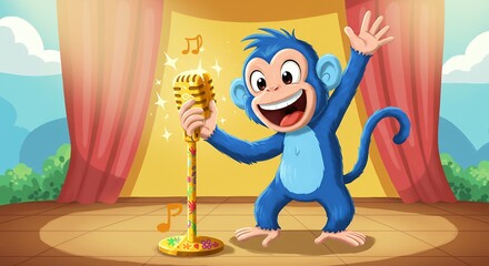 Cartoon monkey singing with microphone on stage entertainment concept