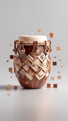 A richly detailed Peruvian cajon drum with complex wooden inlay patterns. Small wood pieces appear to float around the drum against a clean studio background.