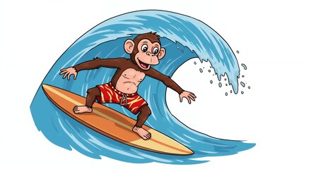 Cartoon monkey surfing on a wave illustration vector graphic design