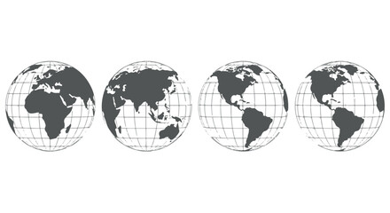 Four globes showing different continents and landmasses, isolated on transparent background