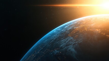 Naklejka premium Illuminated Earth planet from space with sun flare and starry background