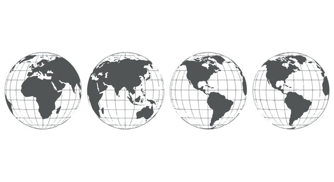 Four globes showing different continents and landmasses, isolated on transparent background